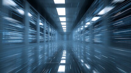 3D-rendered glowing data server room interior with motion blur light trails, cyber blue color theme