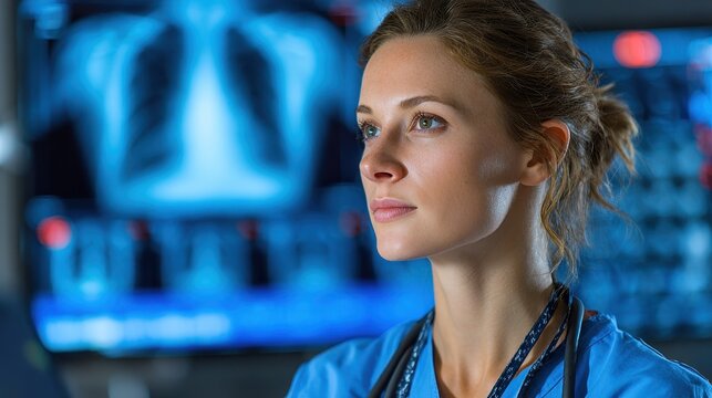 Female doctor examines chest x-ray in modern hospital setting at night, wearing safety glasses and medical coat