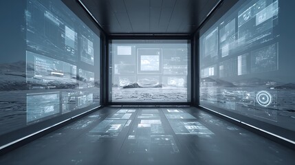 360-degree virtual reality user interface scene, floating geometric data panels in immersive digital space, futuristic clean aesthetics 