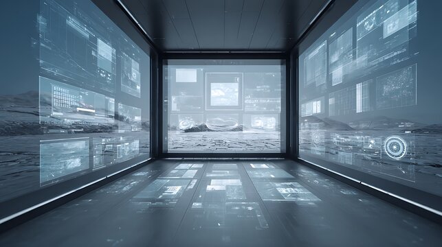 360-degree virtual reality user interface scene, floating geometric data panels in immersive digital space, futuristic clean aesthetics  - Powered by Adobe