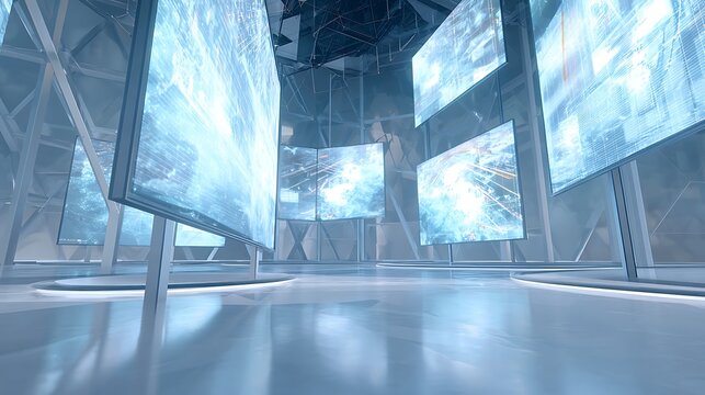 360-degree virtual reality user interface scene, floating geometric data panels in immersive digital space, futuristic clean aesthetics 