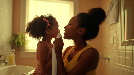 Mother tenderly caring for her young daughter in a warm bathroom setting