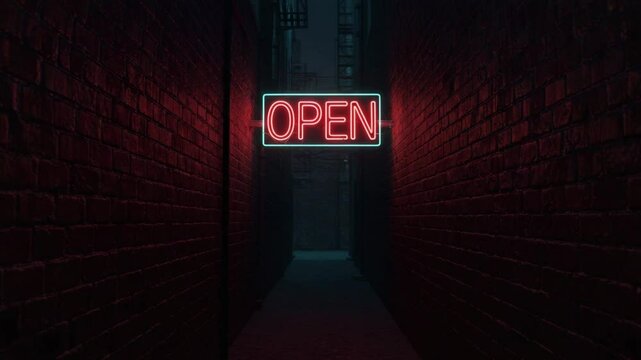 Flickering neon "OPEN" sign mysteriously glowing in a dark, foggy city alleyway