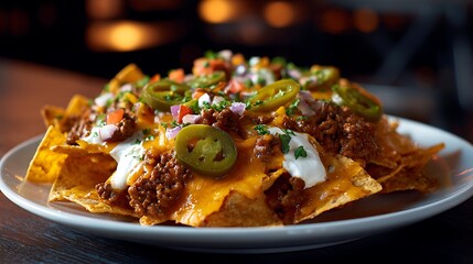 A plate of loaded nachos with cheese, jalape&Atilde;&fnof;&Acirc;&plusmn;os, sour cream, and ground beef, Tex-Mex bar food. 