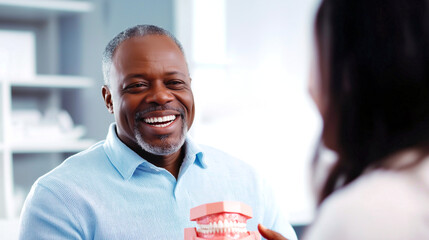 Middle-aged African-American man engaged in a dental consultation with a professional using a model in a clinic setting