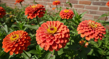 Vibrant Orange Zinnia Flowers Blooming in a Sunny Garden Landscape