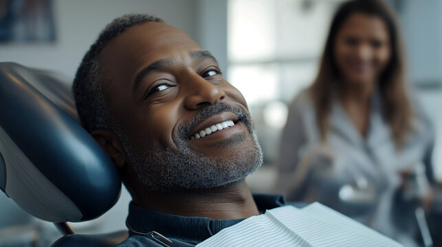 Middle-aged African-American man smiling in dentist chair during dental check-up at a clinic - Powered by Adobe