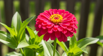 Radiant Zinnia Blossom Displaying Vibrant Petals And Central Disc In A Lush Garden