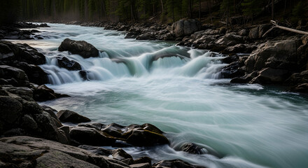 Fototapeta premium Cascading Water Flows Smoothly Down a Rocky River in Remote Wilderness