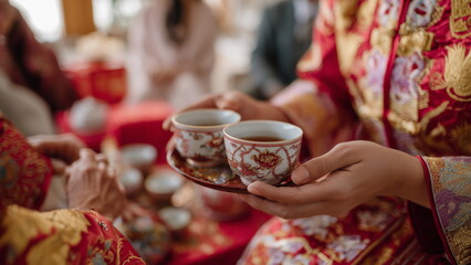 Close-up of a Chinese tea ceremony, with the bride and groom kneeling before their elders, offering tea in elegant porcelain cups, hands respectfully extended.
