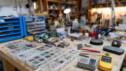 Fototapeta premium A neat workbench with small labeled trays of electronic parts like transistors, LEDs, and ICs, surrounded by precision tools, magnifying glass, and a digital multimeter, all set in a workshop.