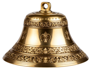 “Elegant Golden Hand Bell with Ornamental Design, Transparent PNG”.