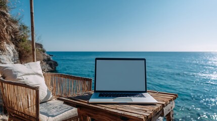 Obraz premium Working outdoors with a stunning ocean view while using an open laptop with a blank screen, laptop with a background of the sea .