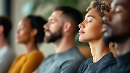 Focused employees engage in mindfulness practice during a corporate wellness event in a bright conference room