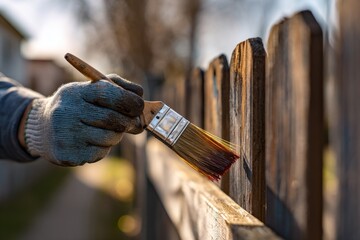 A person is painting a wooden fence with a brush