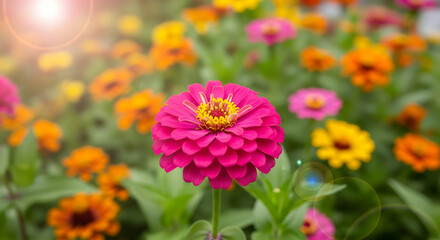Obraz premium Radiant Zinnia Garden Displaying Vibrant Blooming Flowers Under Bright Sunlight