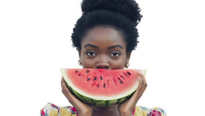 Close up of a woman holding a slice of watermelon