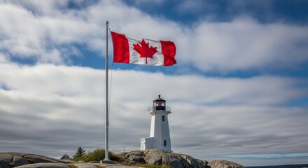 Canadian Lighthouse and Flag under a Cloudy Sky