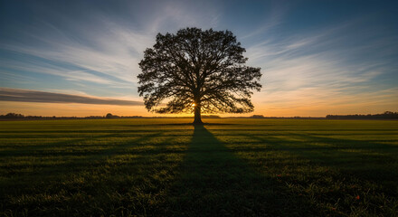 Fototapeta premium Majestic Solitary Tree Silhouette Casting Long Shadow at Sunset Horizon