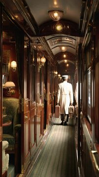 A butler carries luggage through the luxurious corridor of a vintage train.