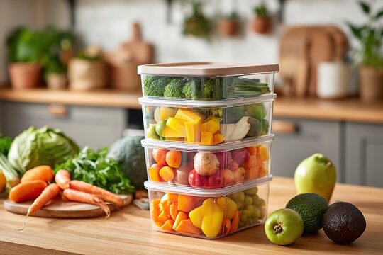 Storing fresh vegetables in a modern kitchen with an eco-friendly compost bin setup - Powered by Adobe