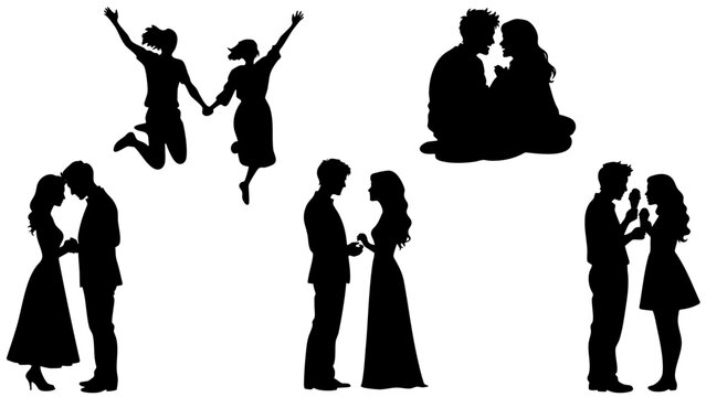 Stylish Silhouette Vector Set of Love Couples - Sitting, Laughing and Romantic Poses