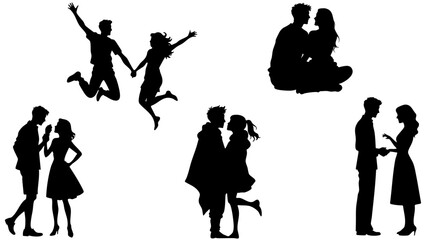 Stylish Silhouette Vector Set of Love Couples - Hugging, Dancing and Romantic Activities