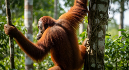Orangutan Climbing In Lush Jungle Habitat With Sunlight Glimmering Through Canopy