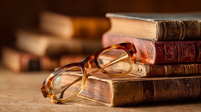 August 21 - Senior Citizens Day , Conceptual stacked books with reading glasses and warm lighting, honoring senior wisdom theme .