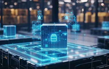 Digital warehouse showcasing advanced technology and data processing. - Powered by Adobe