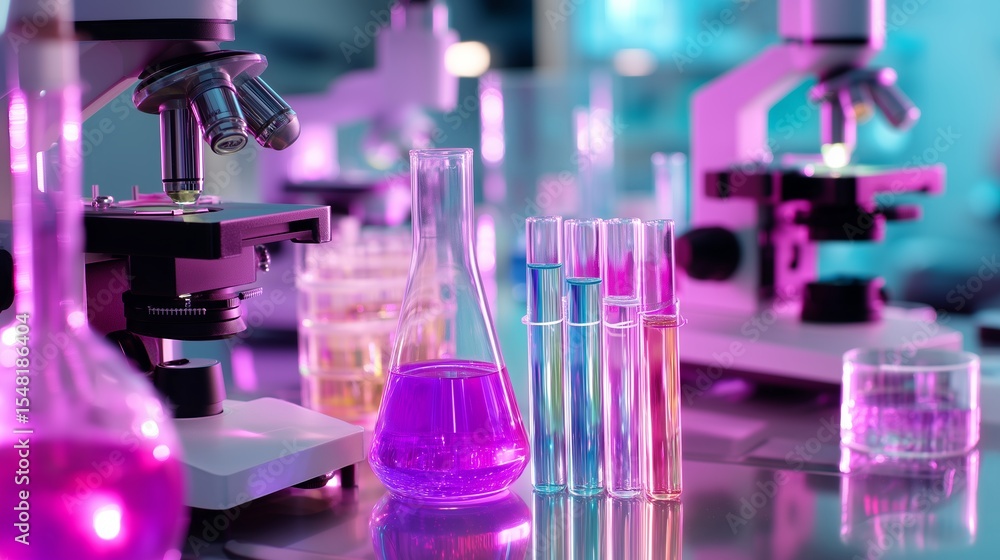 Poster colorful laboratory setup with test tubes and microscopes during a scientific experiment