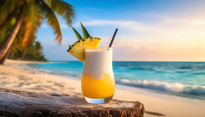 Piña Colada cocktail with pineapple garnish on driftwood at beach sunset, palm fronds, golden sky, tropical paradise, vacation drink scene