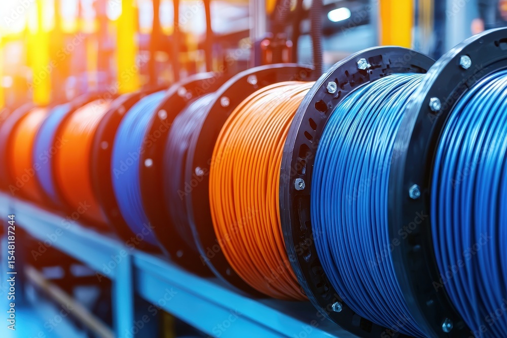 Poster spools of colorful industrial cables or wires neatly arranged on a rack in a factory setting with wa