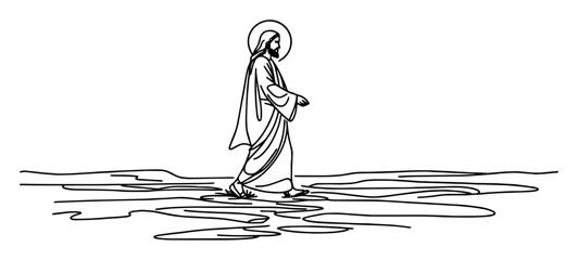 jesus walking on water – monoline thin line miracle sketch