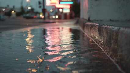 A cinematic street scene showing rain gently falling into a puddle near a sidewalk curb, neon reflections from nearby signs glowing in the rippling water, evoking a calm, moody atmosphere.