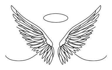 angel wings with halo – thin line oneline symbol