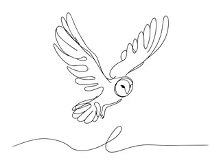 owl flying at night – monoline thin line bird sketch