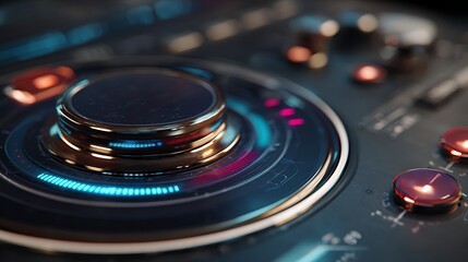 Close-up of circular control interface with neon buttons and rotating dial, sci-fi user interaction design .