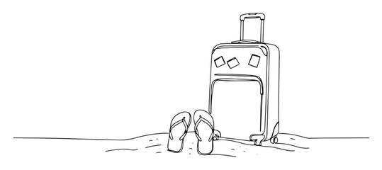 beach suitcase with flip-flops – summer travel monoline vector