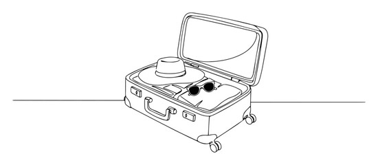 open suitcase with summer accessories – travel monoline vector