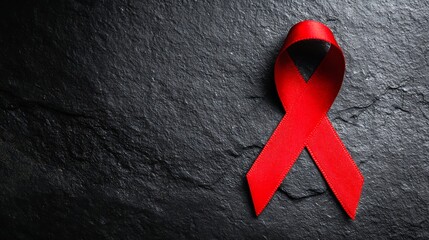 December 1 World AIDS Day red ribbon on dark stone background, global awareness minimalist style concept image .