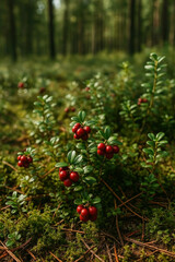 Forest glade with red berry bushes.