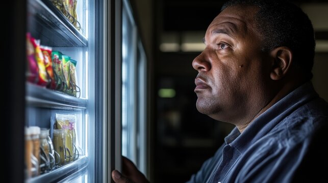 Overweight man hesitates at a vending machine, torn between chocolate and health, soft light revealing quiet personal struggle