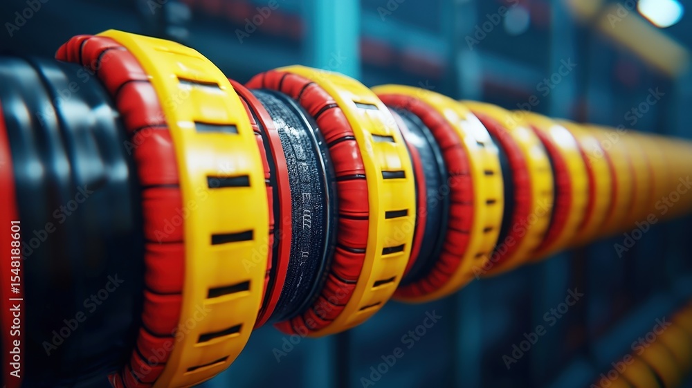 Poster a close-up of a yellow and red mechanical coupling or flexible shaft component in an industrial sett