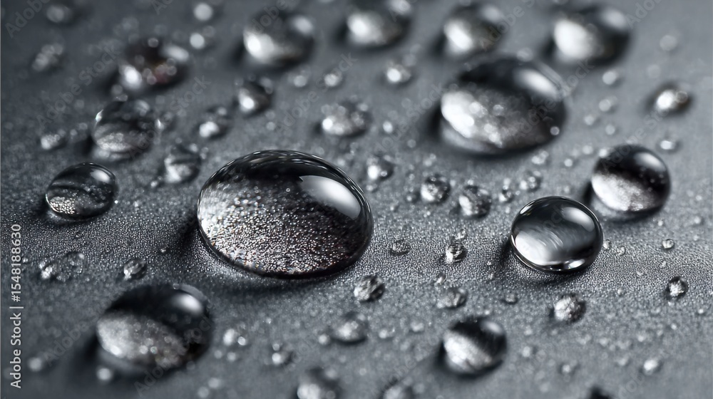 Poster several water droplets collect on a smooth, dark surface, reflecting light and creating mesmerizing 