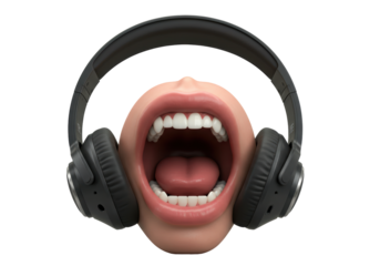 Isolated Open Mouth with Headphones Showing Sound Wave