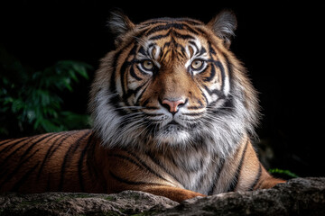 Fototapeta premium Majestic bengal tiger lying on rock with dark emerald green background