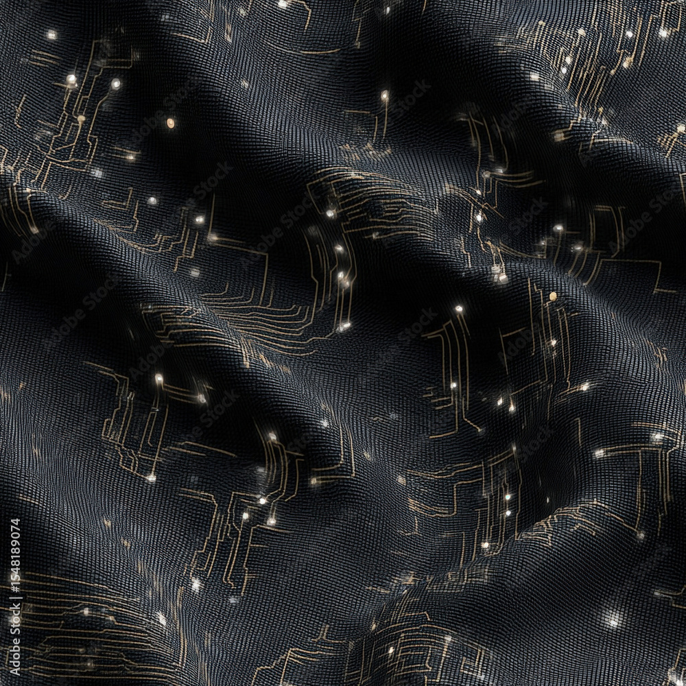 Poster seamless dark fabric texture with glowing white neural circuit pattern for futuristic textile design