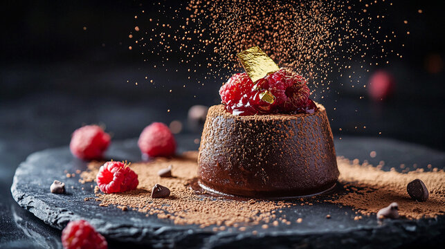 Luxury Chocolate Mousse Dessert with Gold Leaf on Stone Plate – Elegant Dark Food Styling with Raspberry Coulis and Cocoa Powder