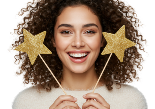 Isolated Smiling Woman Holding Golden Star Wands
